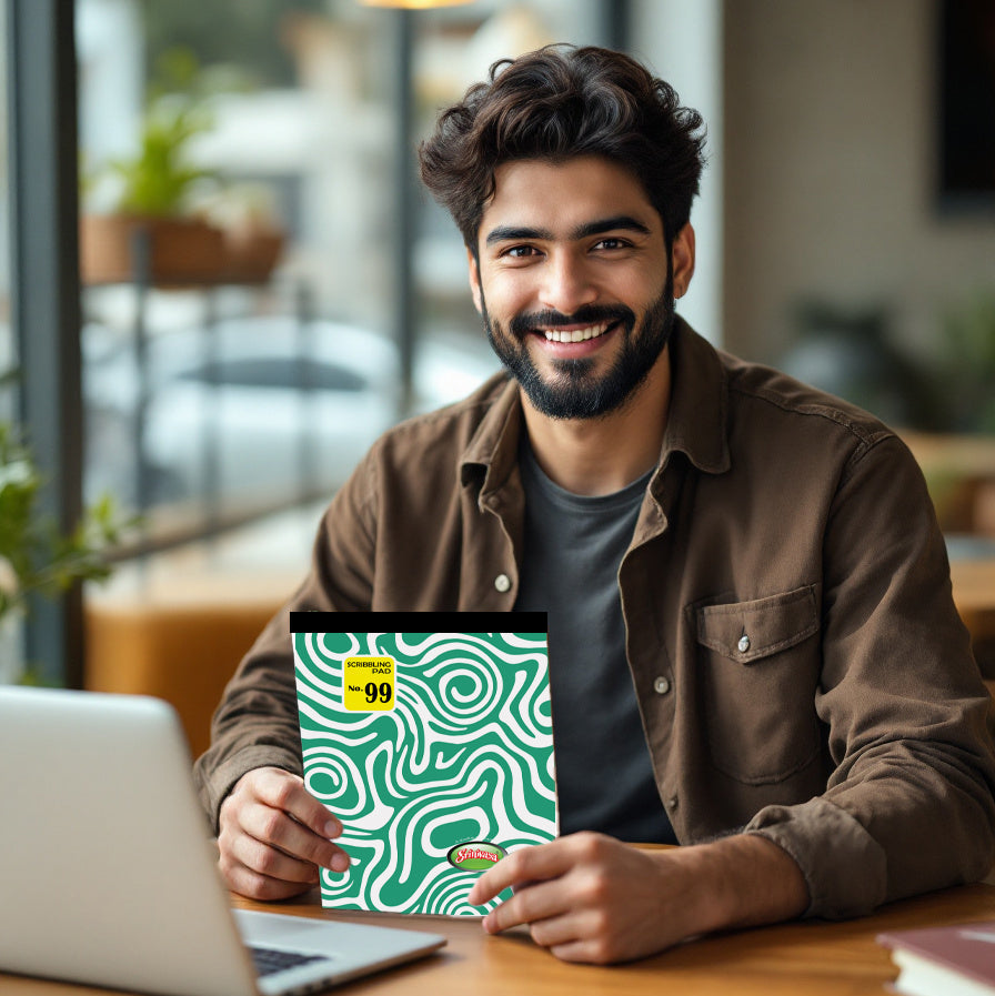 man holding srinivasa notepad in a cafe