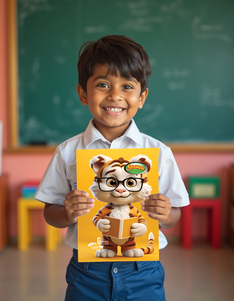 student holding srinivasa king size notebook in classroom